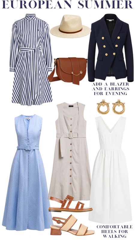 What I would pack for a European summer vacation! 

• Dresses save space in your luggage and can easily be dressed up or down with a hat, blazer or wrap, jewelry, and heels. 
• I like to carry a shoulder/crossbody bag to keep my belongings close to me. 
• I don’t pack much jewelry (just my everyday pieces I wear) but earrings can be fun to switch out for evening. 
• Comfortable, low heels that can navigate cobblestone streets and walks after dinner are an essential! 
• I would swap out the beige linen belt for a tan leather one. 
• Wear jeans and your blazer on the plane so your heaviest pieces aren’t in your luggage! 

#LTKtravel #LTKstyletip