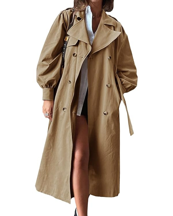 Tankaneo Womens Long Trench Coat Fall Fashion Oversized Double Breasted Lapel Overcoat Outerwear ... | Amazon (US)