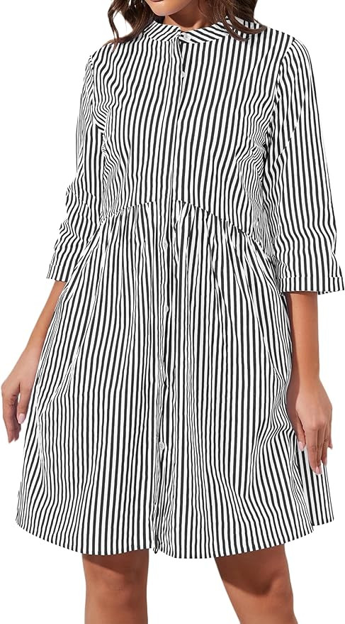 Womens Striped Shirt Dresses Casual Button Down Collared Tunic Blouse Mini Dress Loose Fit 3/4 Sl... | Amazon (US)