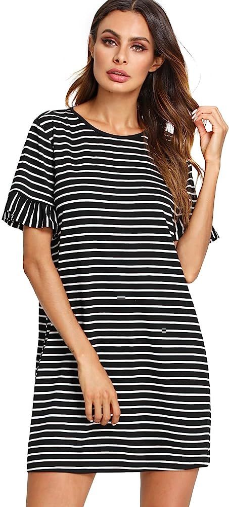 Floerns Women's Summer Casual Ruffle Short Sleeve Tunic Striped T-Shirt Dress | Amazon (US)