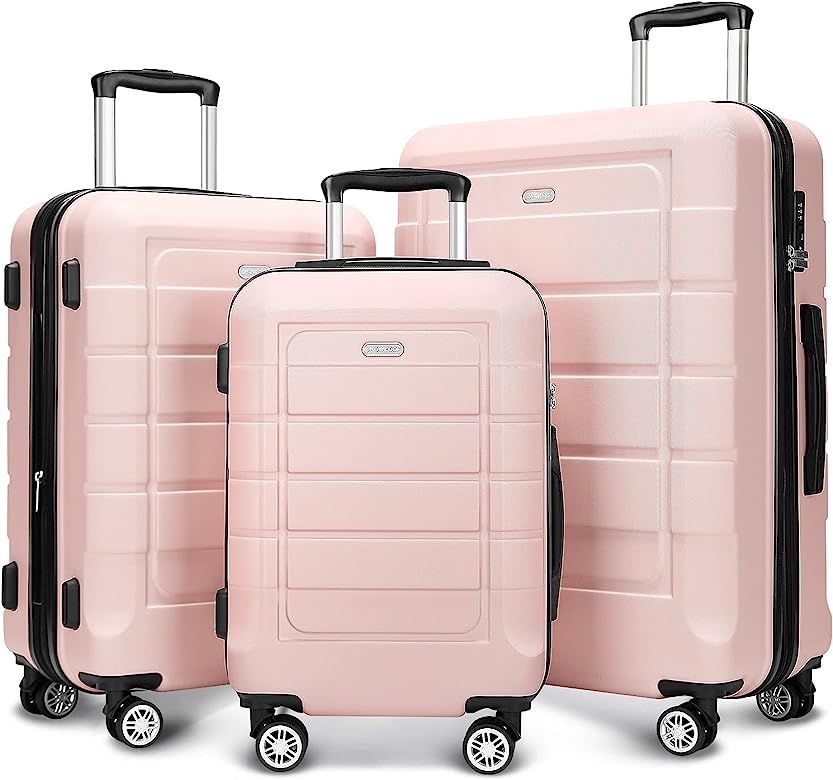 SHOWKOO Luggage Sets Expandable PC+ABS Durable Suitcase Sets Double Wheels TSA Lock Pink 3pcs | Amazon (US)
