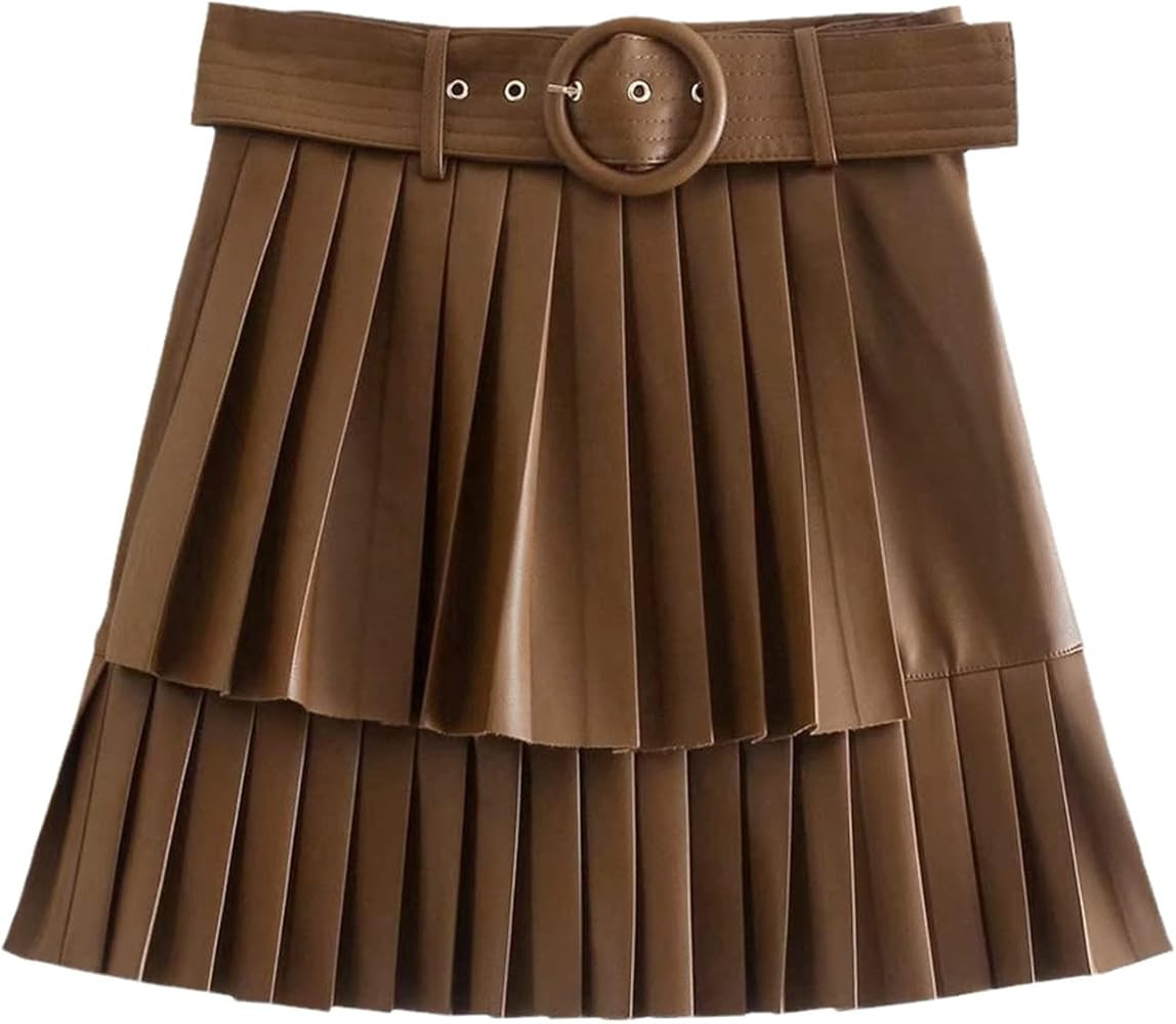 Women Fashion with Belt Faux Leather Pleated Mini Skirt Vintage High Waist Side Zipper Female Ski... | Amazon (US)