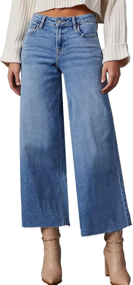 Allimy Women's High Waisted Straight Ankle Wide Leg Ripped Jeans Frayed Hem Stretchy Capri Denim ... | Amazon (US)