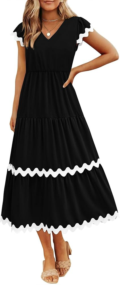 BTFBM Spring Summer Dresses for Women 2025 Vacation V Neck Cap Sleeve RIC Rac Loose Flowy Beach M... | Amazon (US)