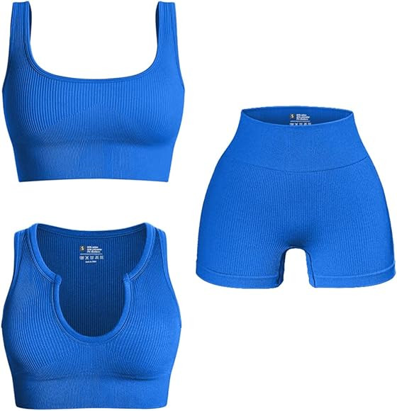OQQ Women's 3 Piece Outfits Ribbed Exercise Scoop Neck Sports Bra Notch Neckline Crop Tops High W... | Amazon (CA)