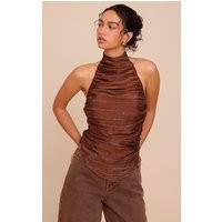 Brown Printed Satin Ruched Halterneck Top | PrettyLittleThing US