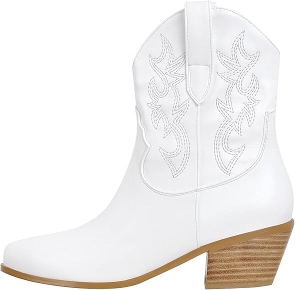 Richealnana Women's Cowgirl Round Roe Short Boots Embroidered Boots Chunky Heels | Amazon (US)