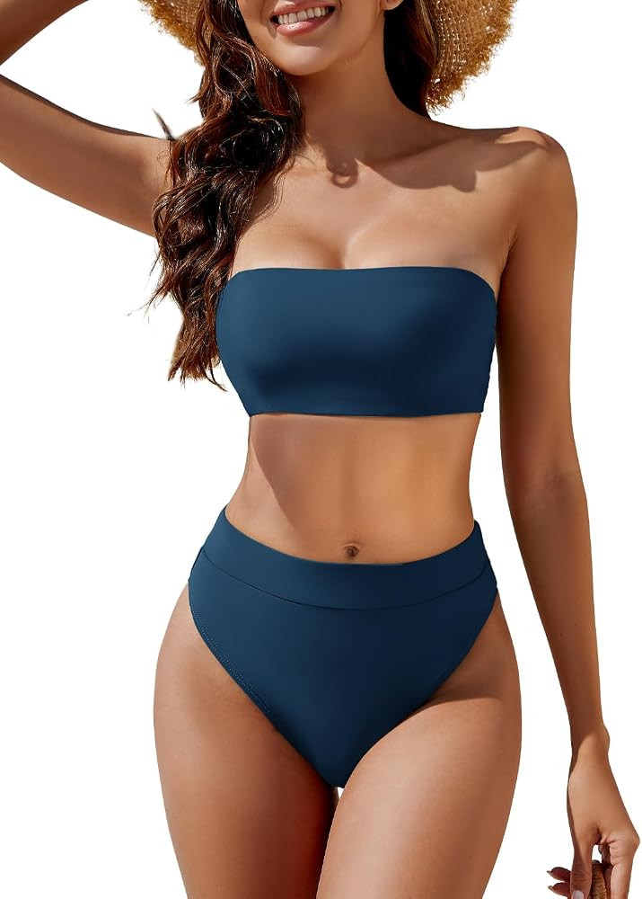 YACUN Women's High Waisted Bikini Swimsuit Two Piece Strapless Bandeau Cheeky Bathing Suits | Amazon (US)