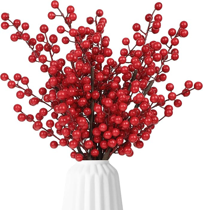 peony man 8 Pcs Artificial Red Berry Stems 24 Inch Christmas Red Berries Holly Berry Branches Fau... | Amazon (US)