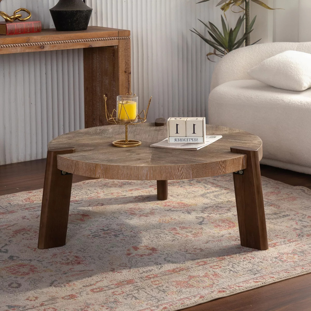 DEXYLLO 36.6" Round Herringbone Coffee Table, Solid Wood and MDF with Tapered Legs, Rustic Natura... | Target