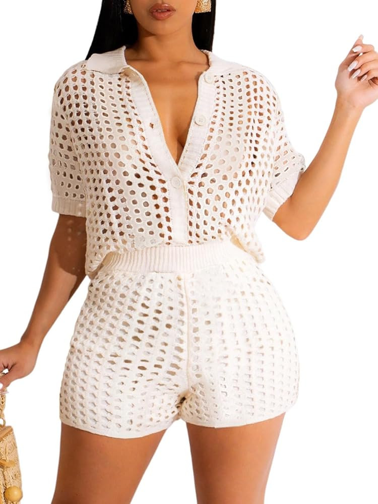 KANSOON Short Sets Women 2 Piece Outfits Knit Color Block Short Sleeve Button Down Shirt and Shor... | Amazon (US)