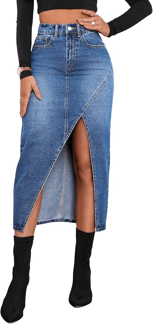 SweatyRocks Women's Casual Denim Skirt High Waist Split Front Long Jean Skirts | Amazon (US)