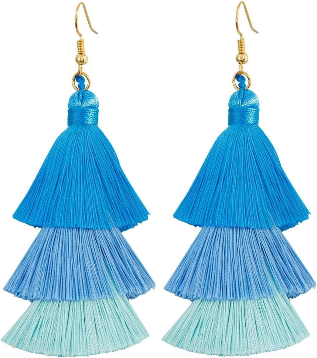 SUNYIK Gradual Tiered Thread Tassel Dangle Earrings for Women, Round Druzy Stud Earring | Amazon (US)
