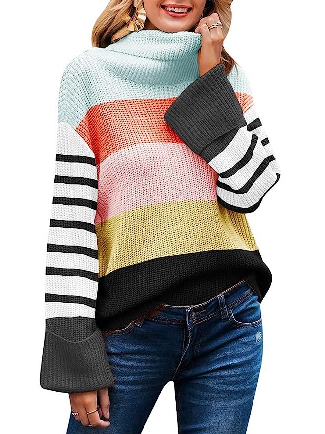 Women's Turtleneck Sweater Color Block Casual Long Sleeve Loose Chunky Knit Pullover Tops | Amazon (US)