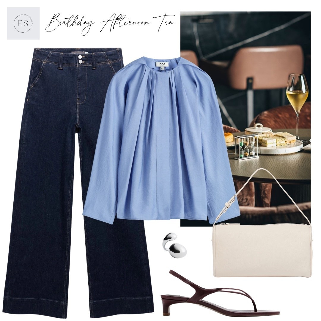 Smart casual Spring outfit. 

Dark indigo wide leg jeans, off white leather 90s mini bag, silver wrap sculptural ring, burgundy kitten heel thong sandals, light blue voluminous pleated blouse. 

#LTKuk #LTKjeans #LTKspring