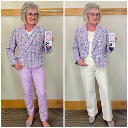Talbots has 25% off your order, so I popped in to try on some of their new spring pieces. This plaid tweed blazer screams spring to me with its pretty combination pastel colors. The slightly cropped length looks great with pants and would also be very pretty over a simple spring dress. I tried it with the customer favorite slim ankle jeans in this pretty lilac color. The pants are also available in green. I also tried it with the wide-leg trouser jean that are available in misses, petite, plus and plus petite sizes and the natural ivory color is a great option for spring. 

#fashion #fashionover50 #fashionover60 #talbots #talbotsfashion #talbotsspringsale #springfashion #springoutfit #widelegdenim 
#slimanklejeans

#LTKsalealert #LTKstyletip #LTKSpringSale