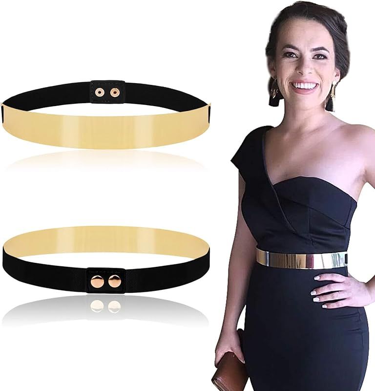 Women Elastic Mirror Metal Waist Belt Metallic Waistband,Golden, One Size | Amazon (US)