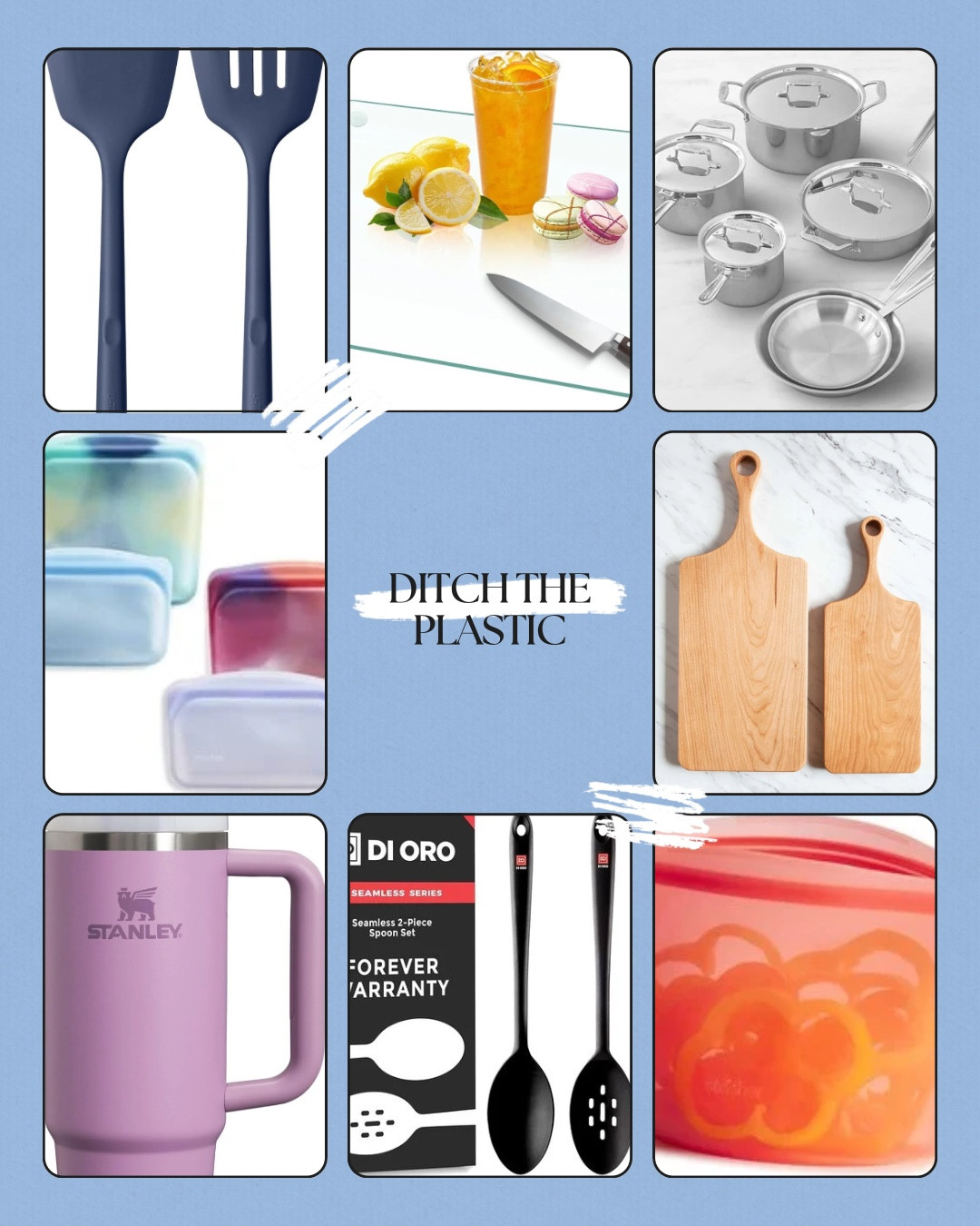 Small swaps, BIG impact! 🌎✨ 

Ditch the plastic and upgrade your kitchen for a healthier you and a happier planet. 🌿💚 

Stainless steel, glass, silicone, and wood are the way to go! ♻️👇 

📌 Share with someone who needs this!