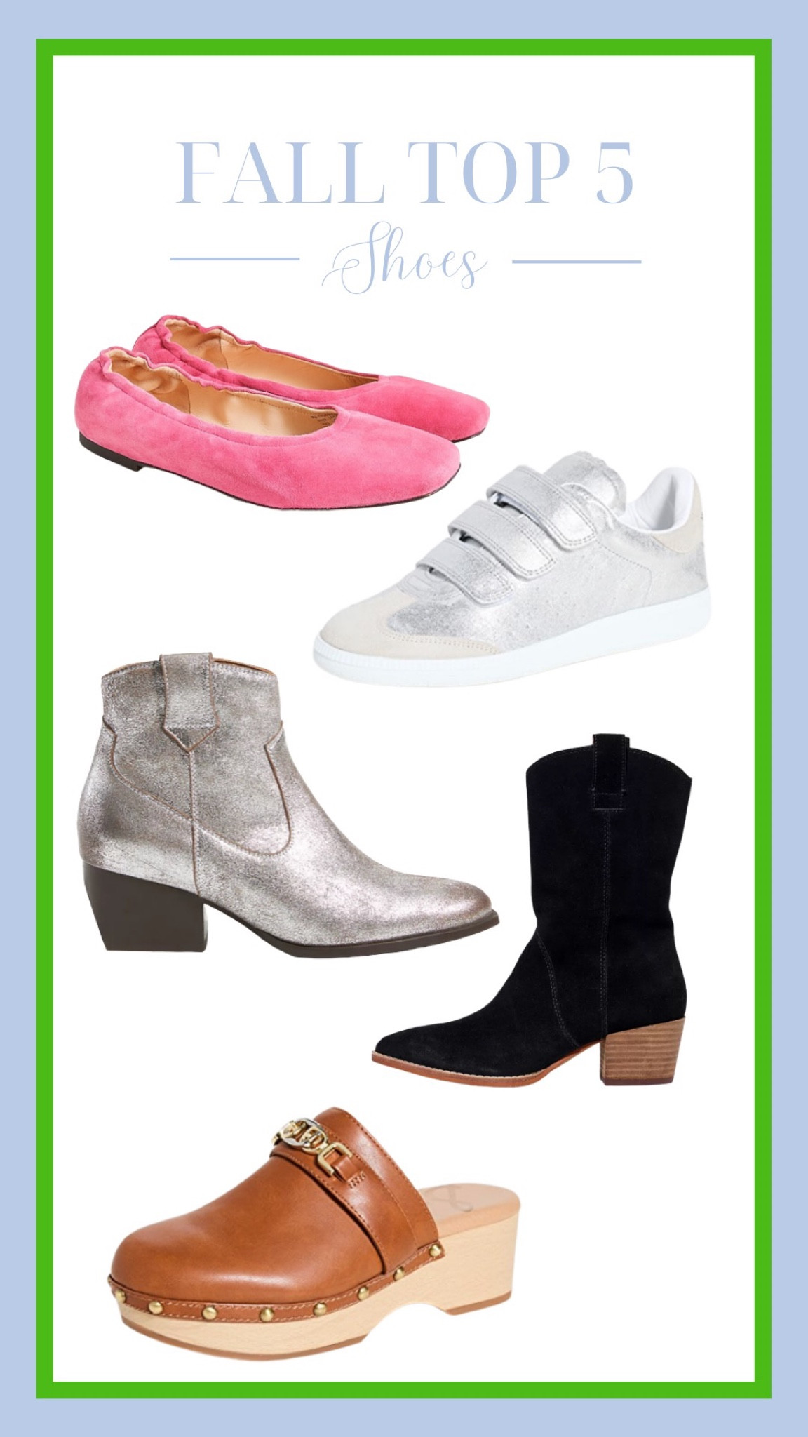 FALL TOP 5 – Shoes

I’ve been becoming a big shoe girl these days, and have loved seeing all the new trends. Metallics are popping up everywhere, as well as velcro shoes and ballet flats. Here are my top 5 shoe picks for fall. 

// metallic shoes, Isabel marant sneakers, ballet flats, leather clogs, cowgirl boots, silver shoes, fall wishlist, fall shoes

#LTKshoecrush #LTKstyletip #LTKSeasonal