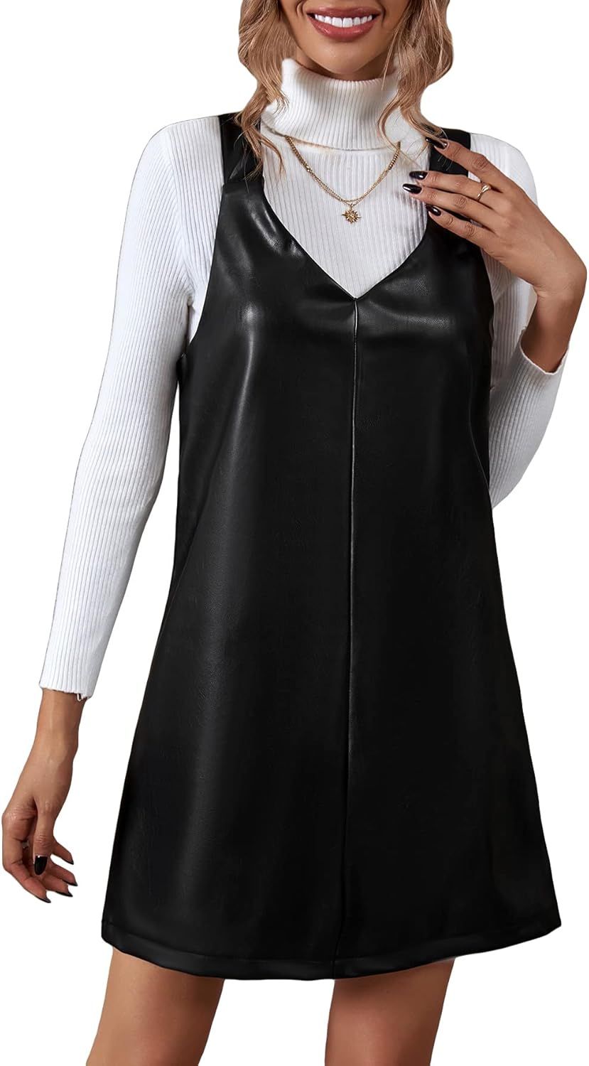OYOANGLE Women's Faux PU Leather Straps Sleeveless V Neck Pinafore Overall Dress | Amazon (US)