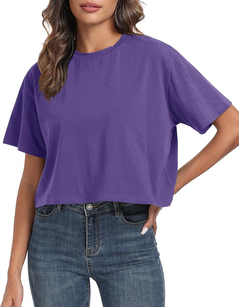 PRIMODA Women's Oversized Workout Cropped T Shirts Crew Neck Short Sleeve Casual Loose Summer Cro... | Amazon (US)