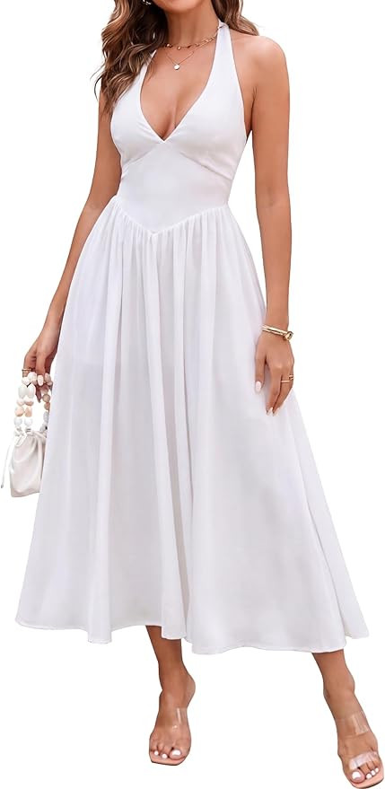 Parthea Women's Gingham Halter V Neck Midi Dress Corset Smocked Sundress Flowy A Line Wedding Gue... | Amazon (US)