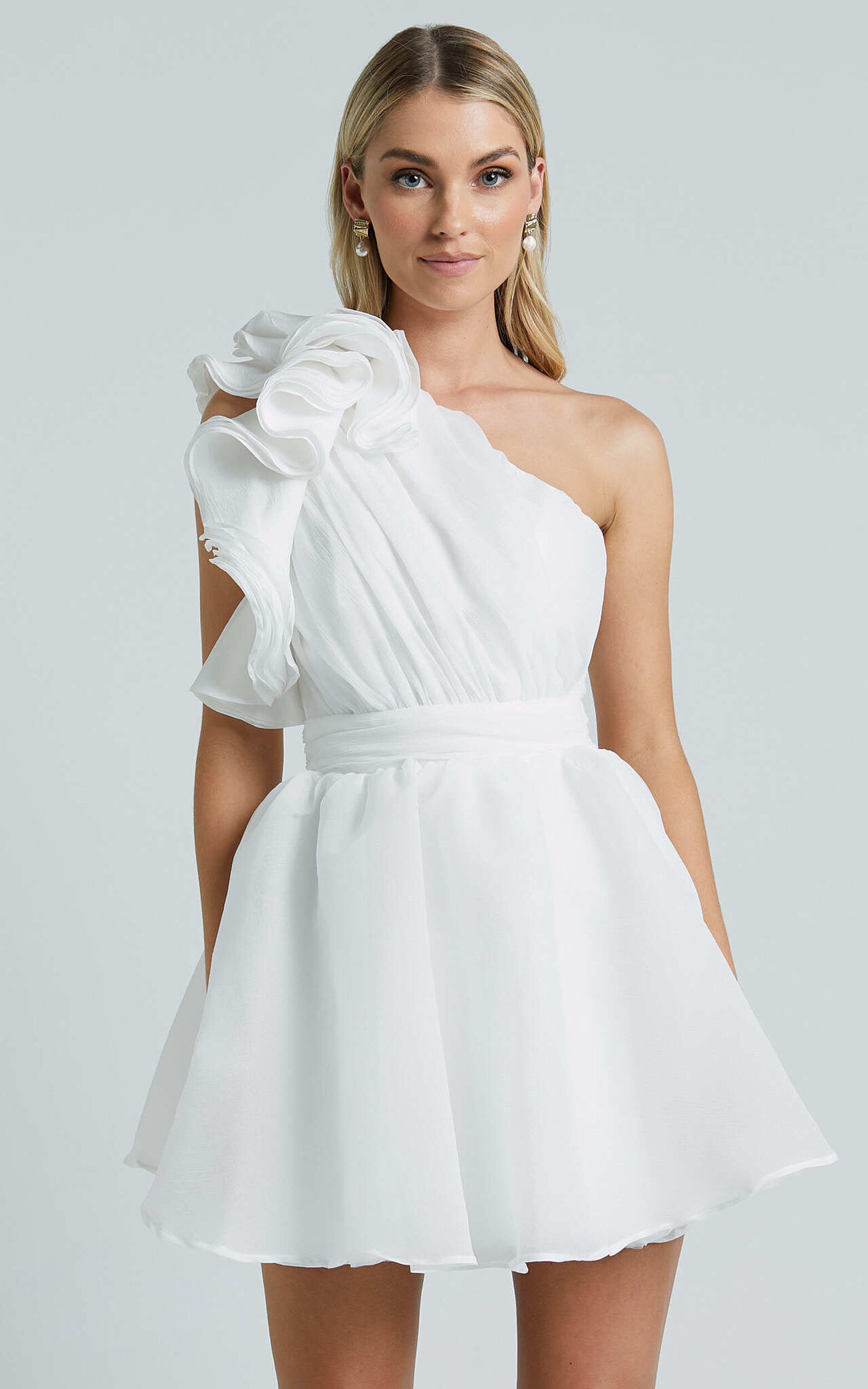 Avriella Mini Dress - One Shoulder Detail Fit & Flare in Ivory | Showpo (US, UK & Europe)