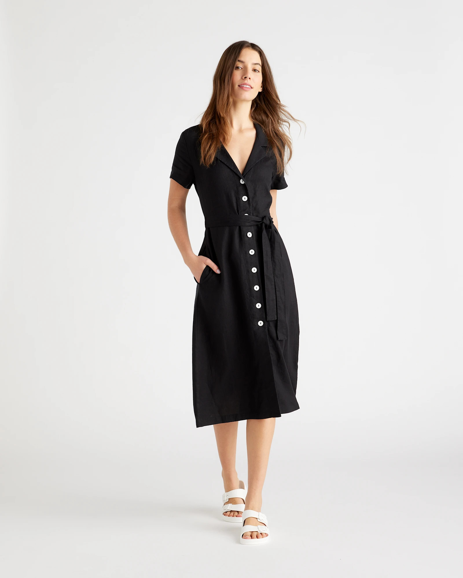 100% European Linen Button Front Dress in Black | Quince