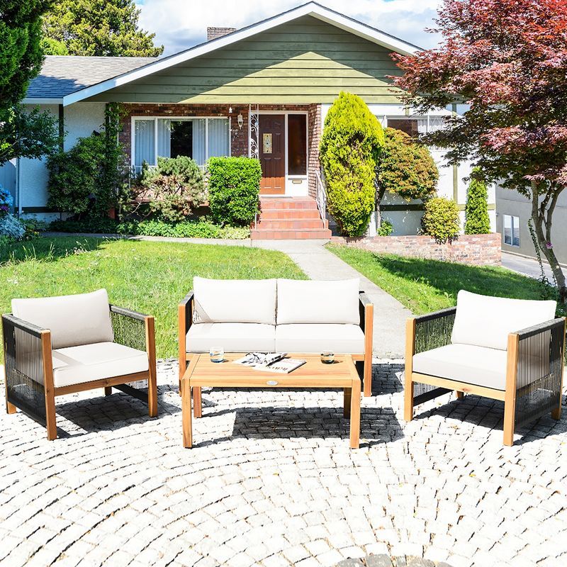 Costway 4PCS Wooden Patio Furniture Set CUS01hioned Sofa W/Rope Armrest White\Turquoise\Red | Target