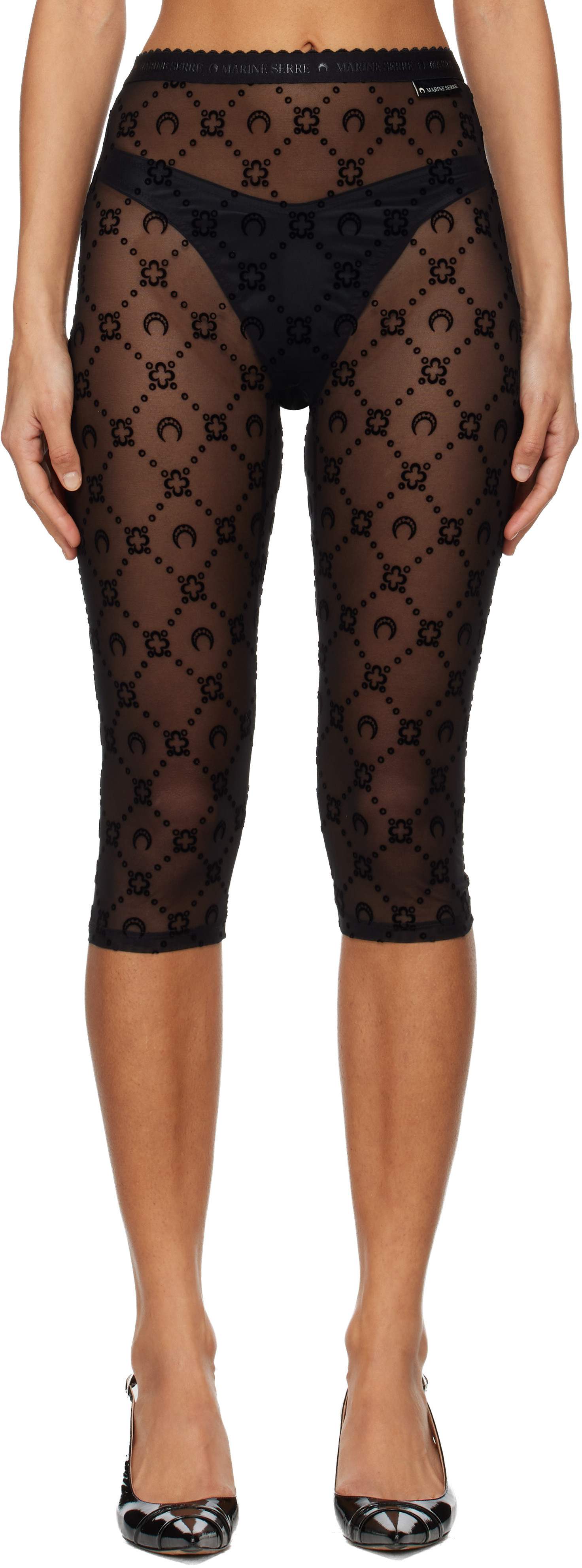 Marine Serre Black Moonogram Mesh Flock Capri Leggings | SSENSE