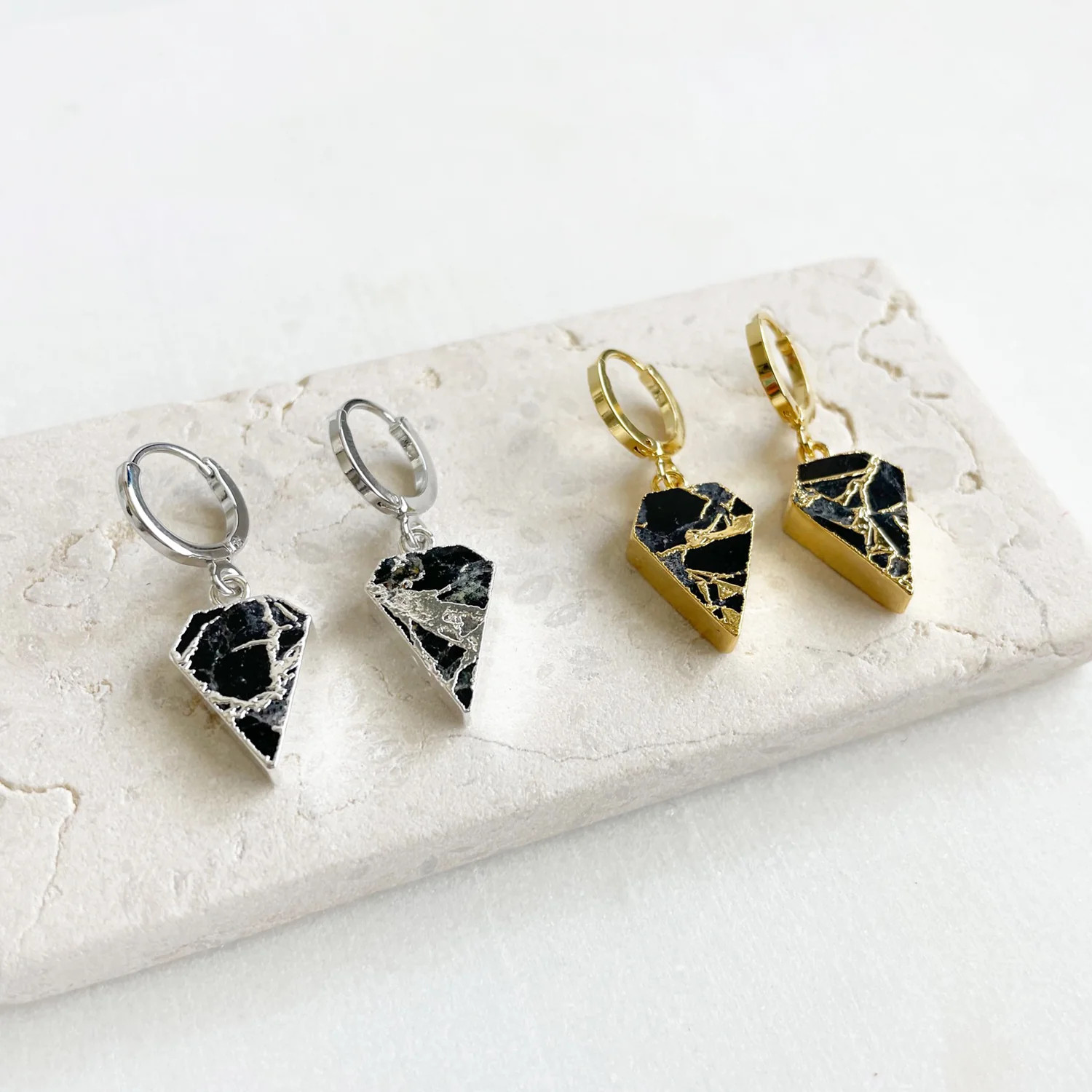 Dainty Black Mojave Diamond Dangle Earrings in Gold & Silver | Rustic Gem Jewelry