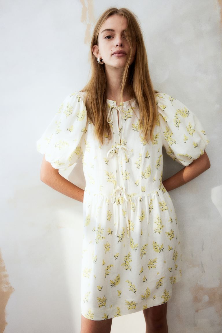 Linen-blend Puff-sleeved Dress - Cream/floral - Ladies | H&M US | H&M (US + CA)