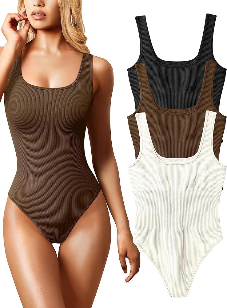 OQQ Women's 3 Piece Bodysuits Sexy Ribbed Sleeveless Square Neck Sleeveless Tank Tops Bodysuits | Amazon (US)