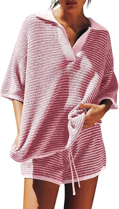 Outfeel Women's 2 Piece Lounge Set Striped V Neck Knit Top Drawstring Shorts Outfits Oversized Ca... | Amazon (US)