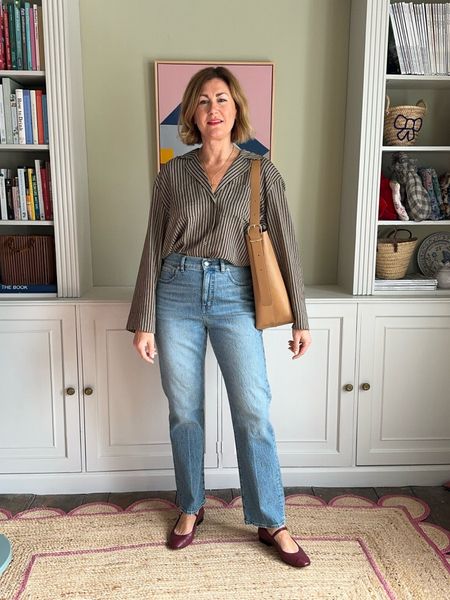 Whole outfit from Madewell, straight leg jeans, bucket bag, red Mary Jane, ballet flats, pinstripe shirt, spring outfit, smart casual outfit, work outfit 

#LTKSeasonal #LTKeurope #LTKstyletip
