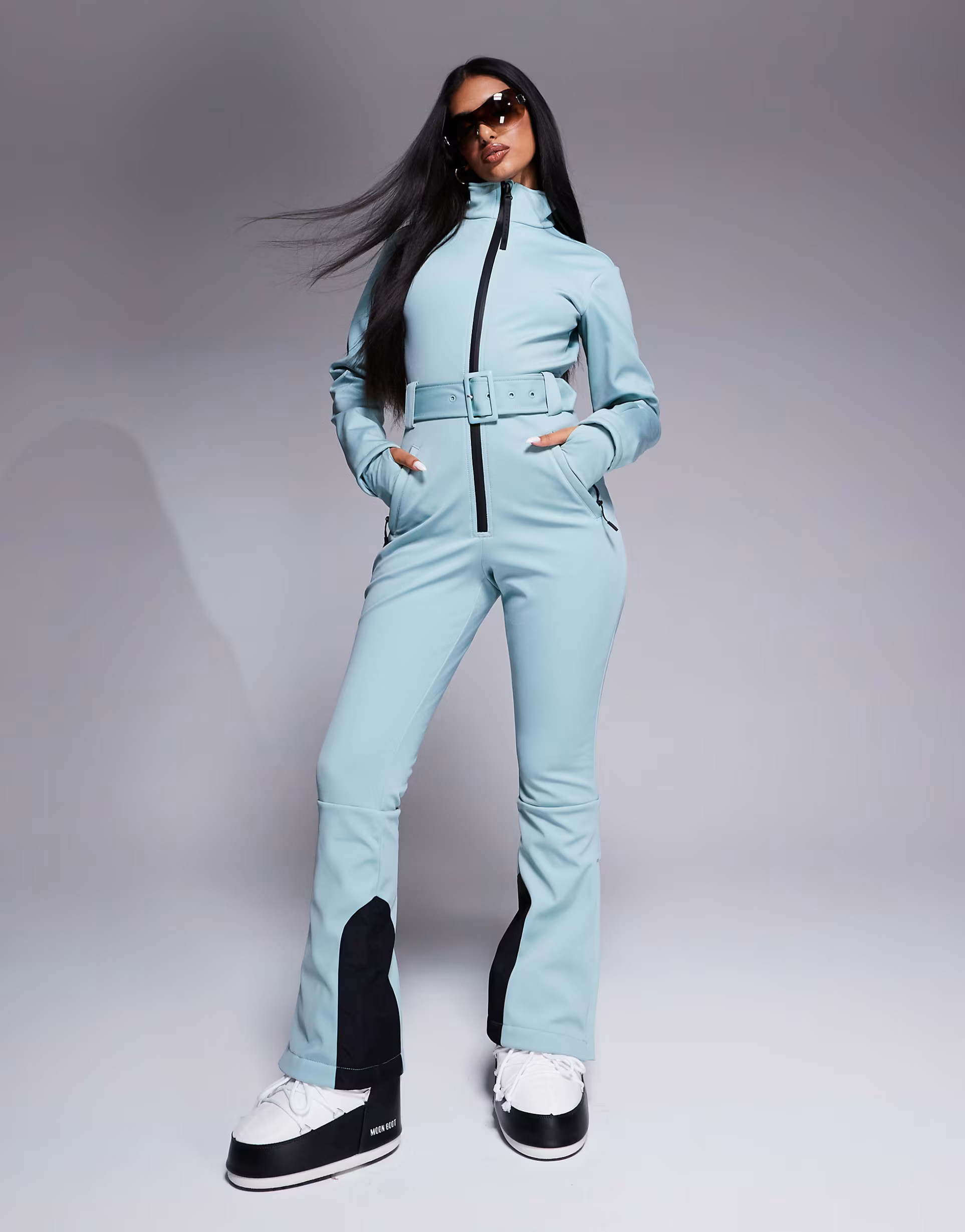 ASOS 4505 Ski soft shell water repellent belted ski suit in turquoise | ASOS (Global)