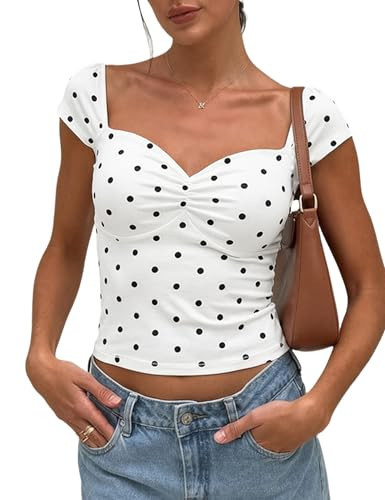 FOMELY Women's Polka Dot Top 2026 Summer Cap Sleeve Sweetheart Neck Crop Top Cute Y2K Going Out Tops White | Amazon (US)