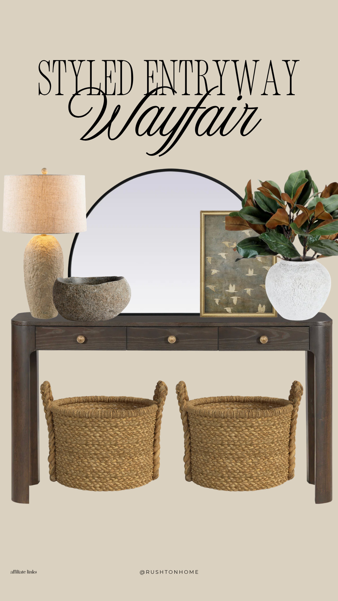 Entryway decor ideas, styled entryway table, wayfair console table, entryway mirror round, entryway wall decor, neutral entryway styling, woven baskets storage, table lamp entryway, decorative vases neutral, modern farmhouse entryway, foyer decor ideas, organic modern entryway, hallway styling inspiration, functional entryway storage 

 #LTKHome