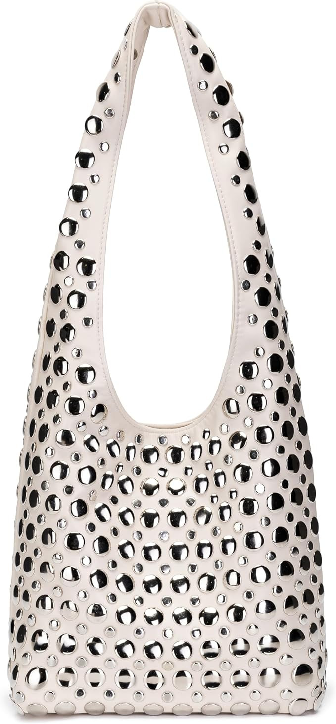 Stylish Studded Hobo Bag Y2K Rivets Bucket Purse for Women Trendy Small Shoulder Tote Handbag | Amazon (US)