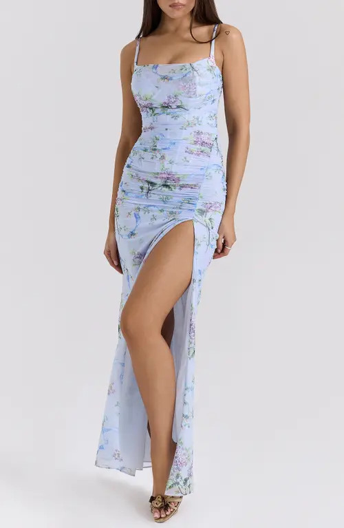 HOUSE OF CB Lini Corset Chiffon Gown in Blue Floral Print at Nordstrom, Size X-Small A | Nordstrom