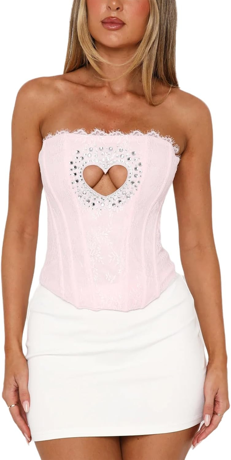 Women's Lace Up Rhinestones Corset Tops Heart Cutout Floral Embroidery Strapless Boned Bandeau Bustier Top | Amazon (US)