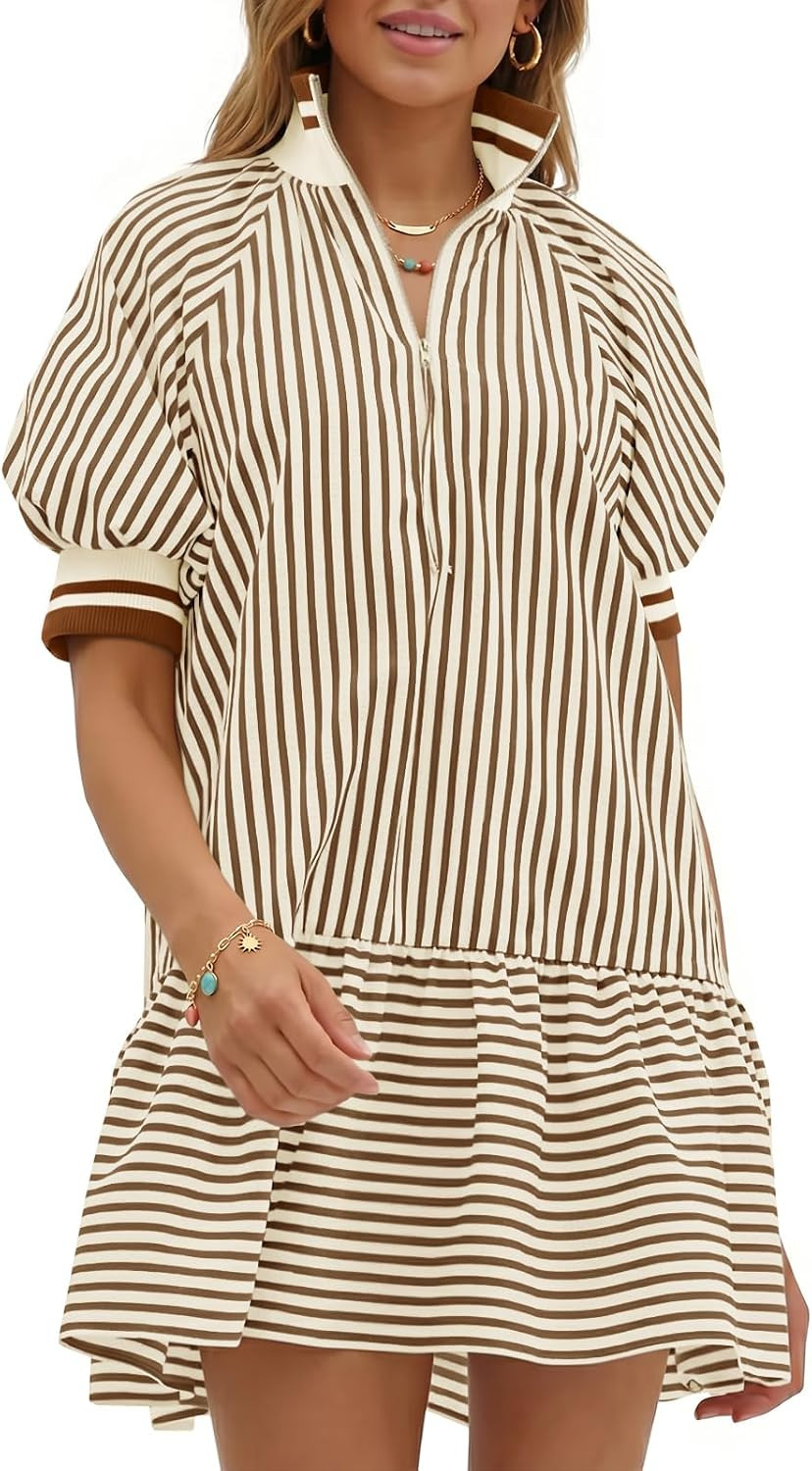 Wenrine Women Summer Puff Sleeve Striped Half Zip V Neck Collar Dresses | Amazon (US)
