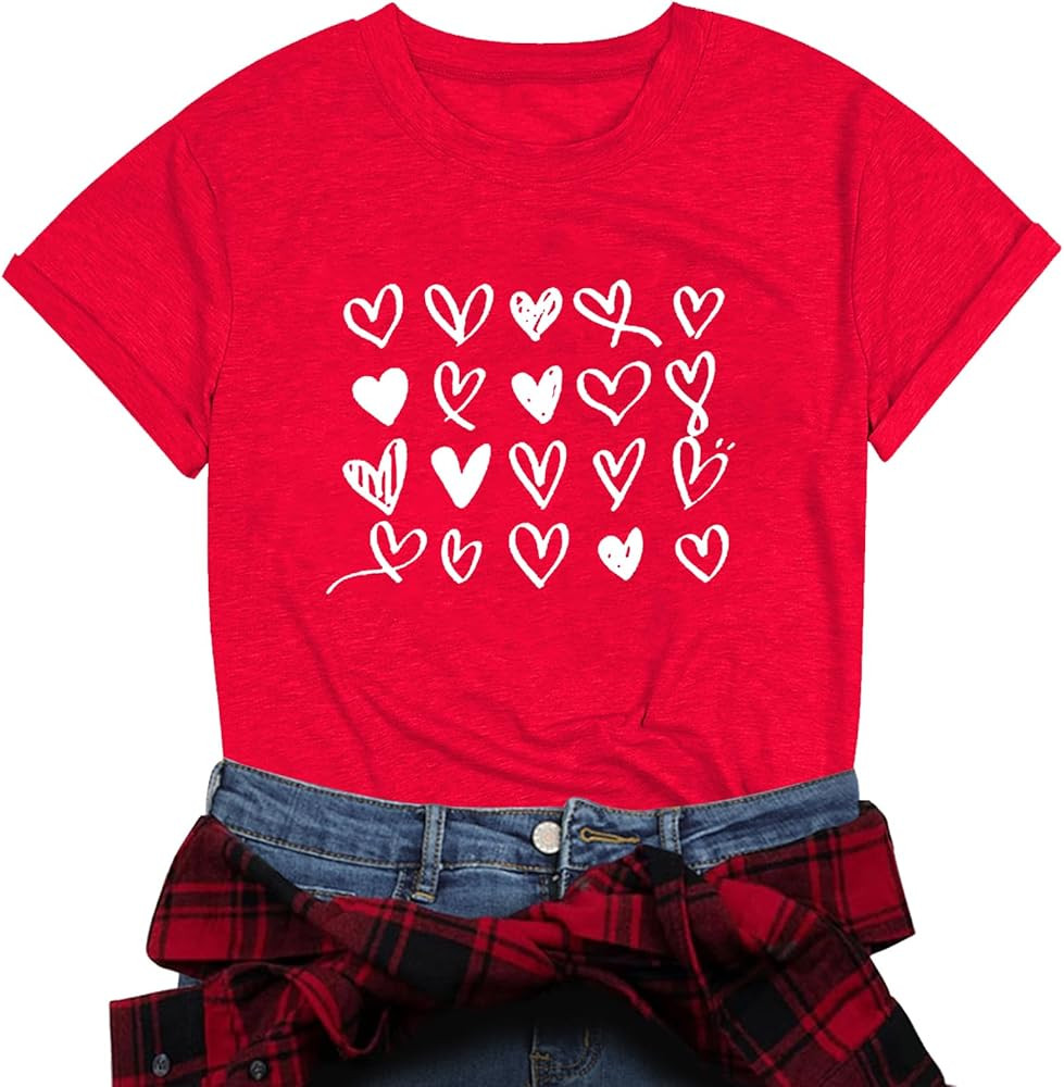 Valentines Shirts for Women Valentine Love Heart Printed Graphic Tshirt Cute Girls Casual Top | Amazon (US)