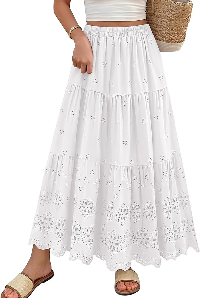 Mansy Women's Boho Eyelet Embroidery Maxi Skirt, 100% Cotton Elastic High Waist A-Line Summer Cas... | Amazon (US)