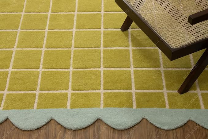 Hand-Tufted 100% Wool Area Rug - 2x3 Ft, Mustard Yellow & Cream Checkered Grid with Sage Green Sc... | Amazon (US)