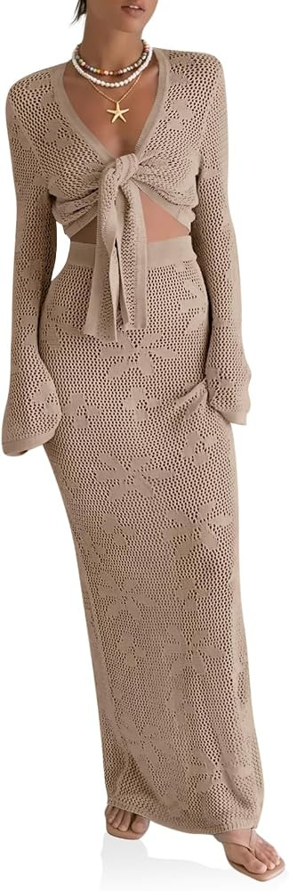 Womens Summer Beach Swimwear Bathing Suit Cover Up Swimsuit Coverup 2 Piece Crochet Cardifan Tops... | Amazon (US)