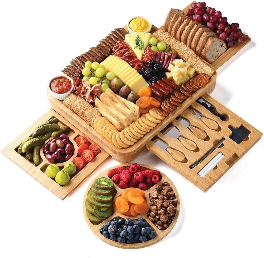Bamboo Cheese and Meat Board - Simple Charcuterie Board with Serving Utensils, Cutlery, Trays, Ce... | Amazon (US)