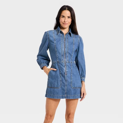 Women's Long Sleeve Zip Front Midi Denim Dress - Universal Thread™ Medium Wash M | Target
