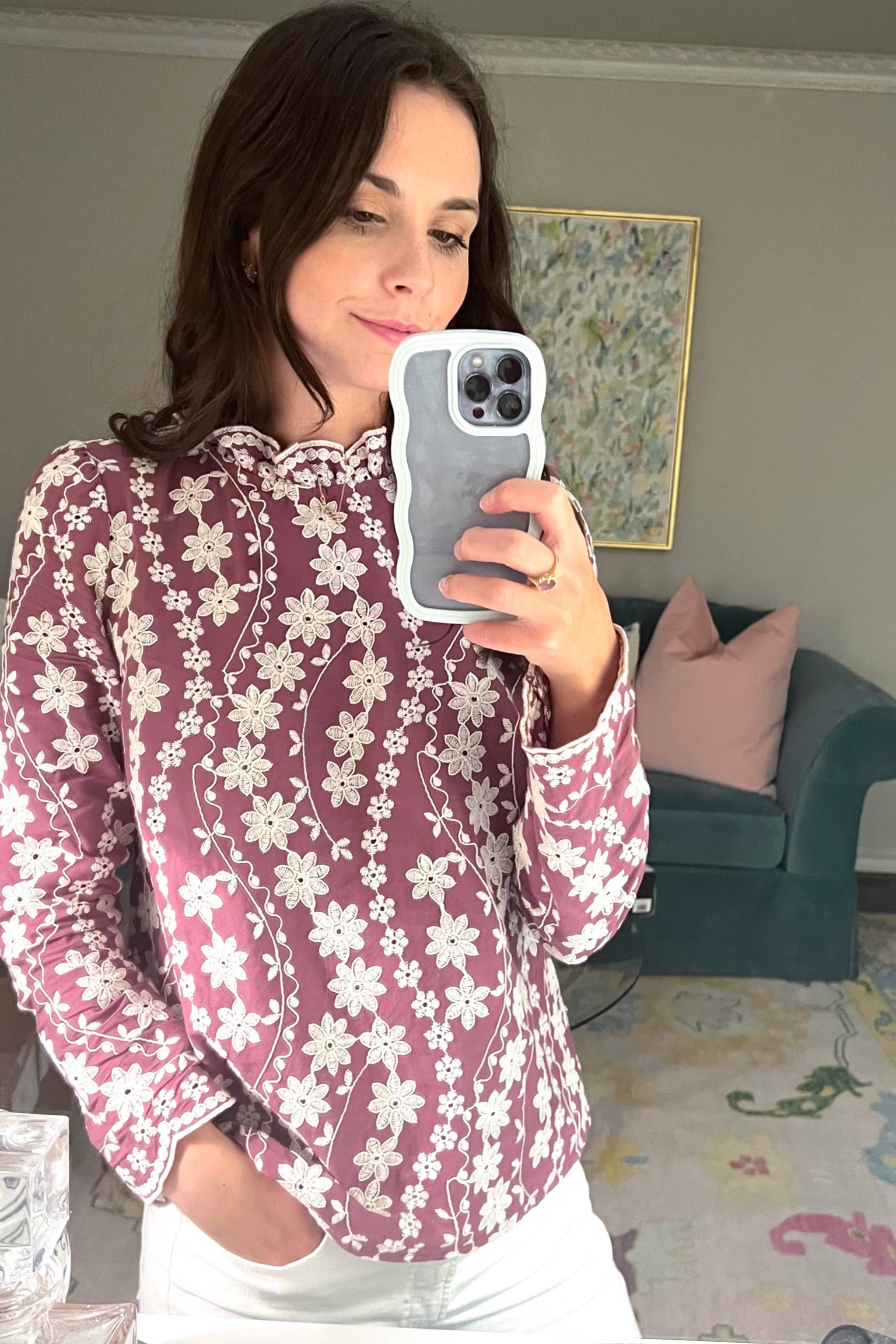 Fall top with the prettiest details! Wearing size 4!