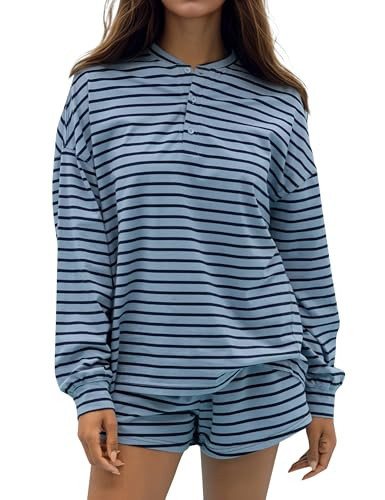 MSBESYOR Women Striped Matching Lounge Set Casual Long Sleeve Henley Tee Shirt and Shorts 2 Piece Fall Outfits Pajamas Set Dark Blue | Amazon (US)